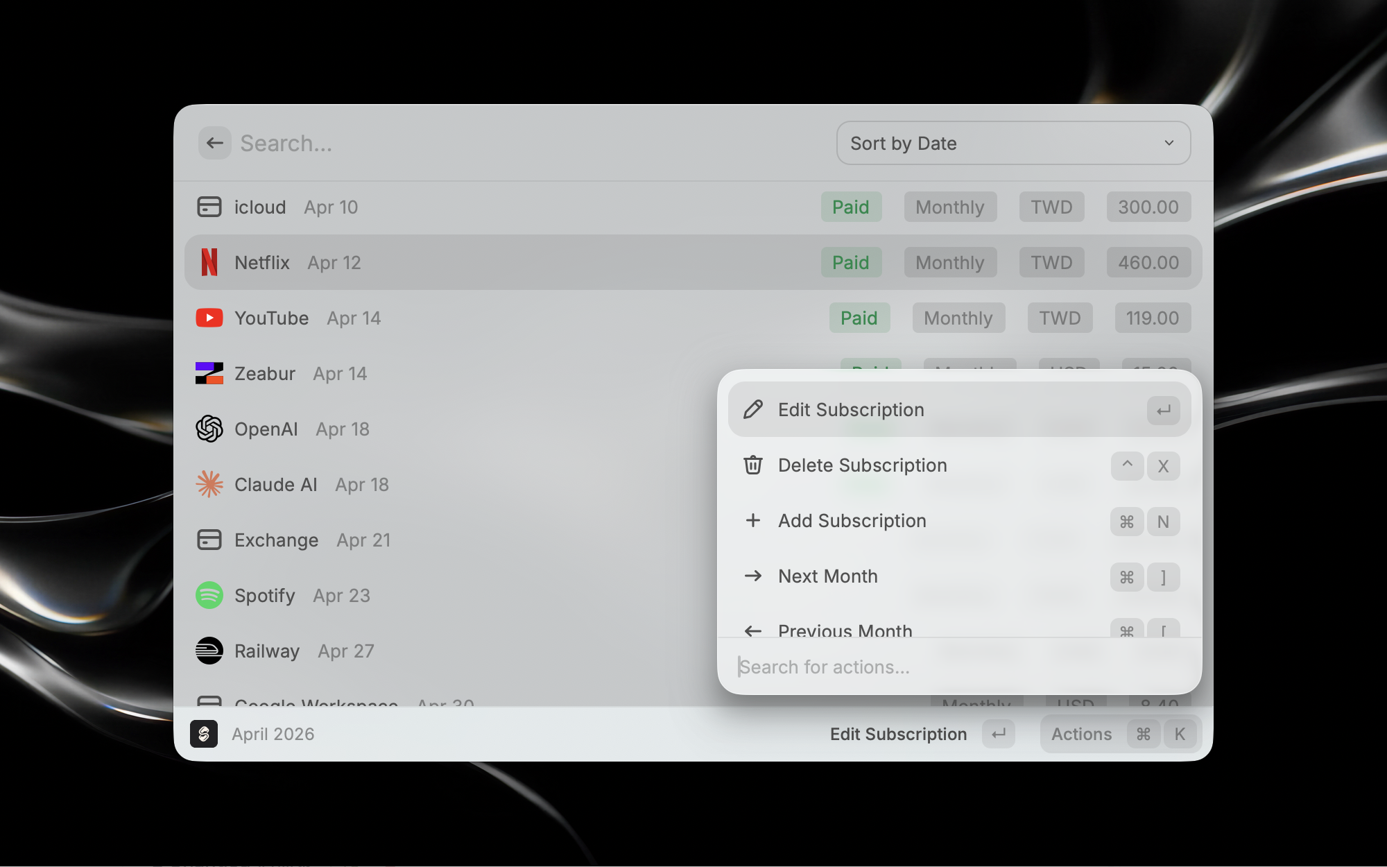 Barra de menú de Subflow con próximas renovaciones