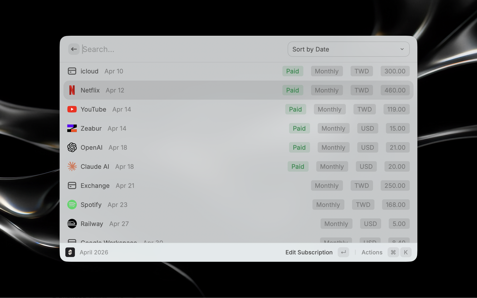 Lista de suscripciones de Subflow en Raycast
